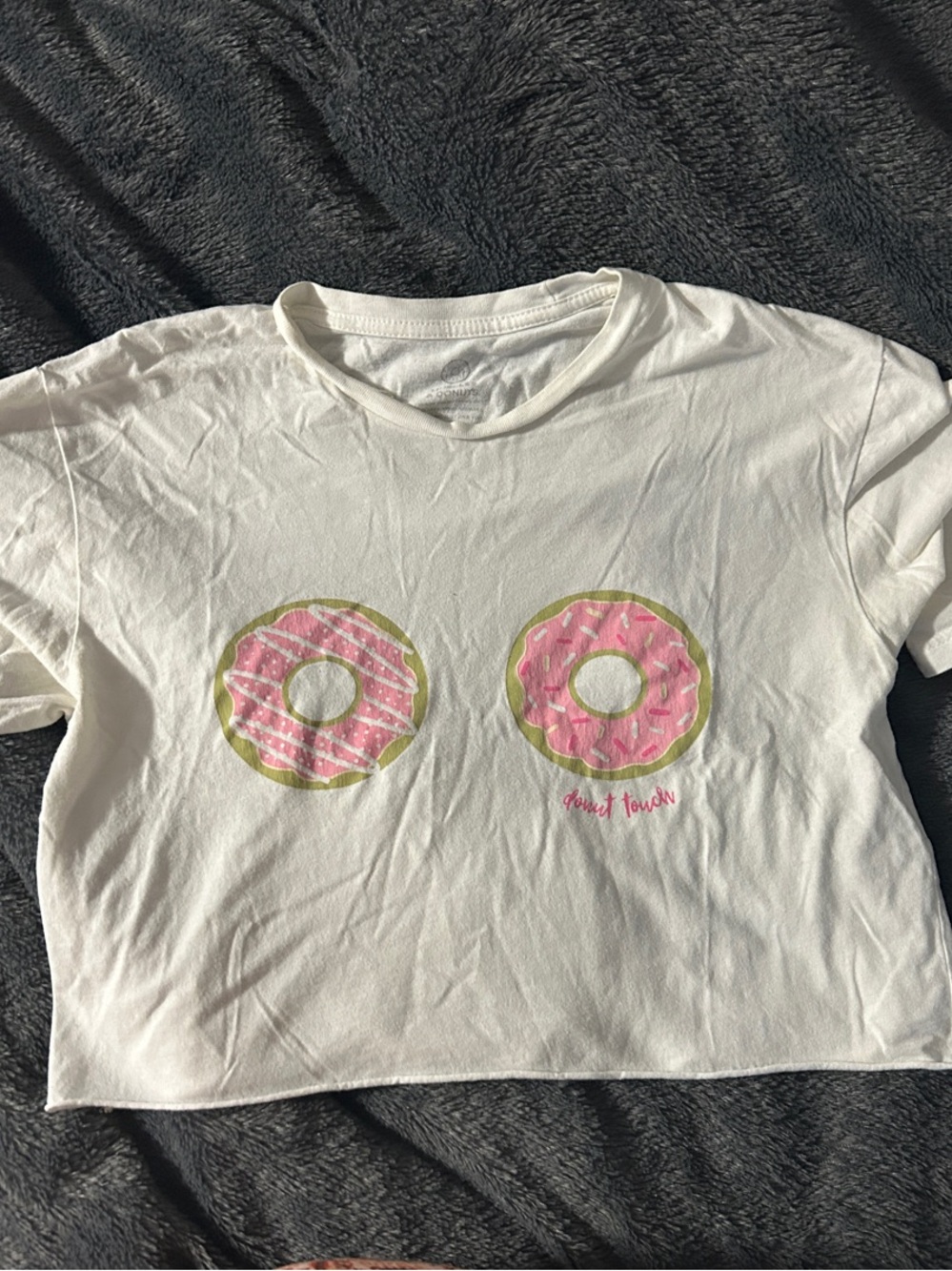 Women's White Cropped Tee with Pink Donut Graphics